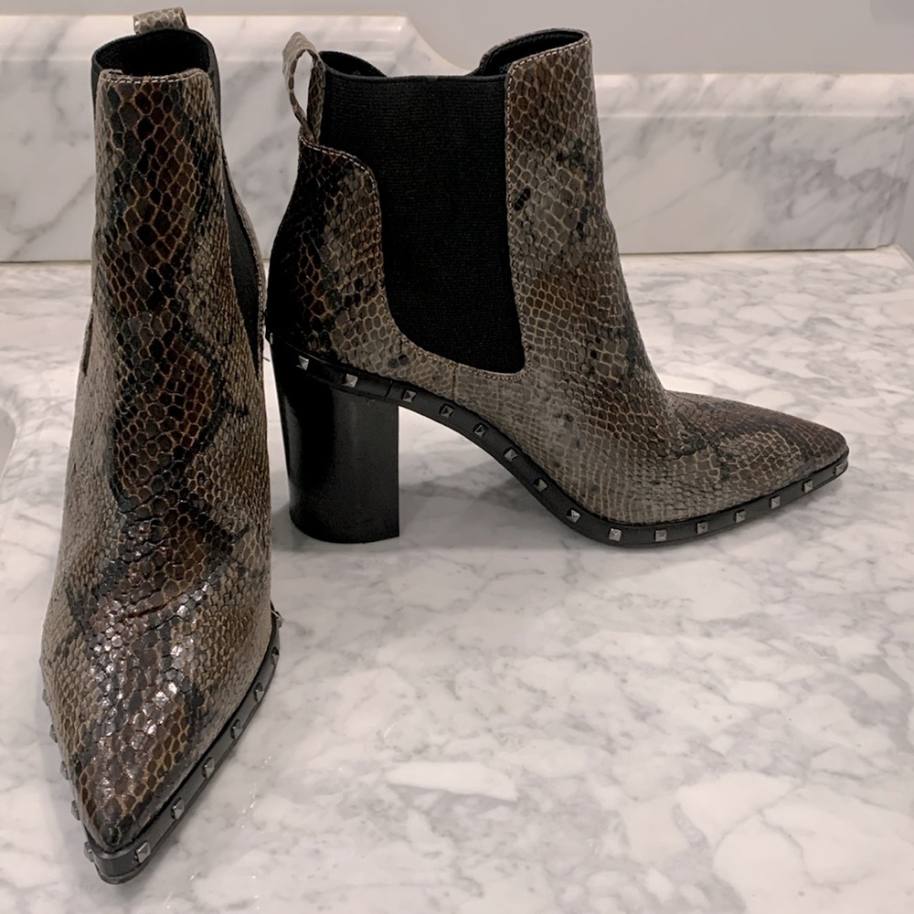 Brown, Black metallic snake skin boots
